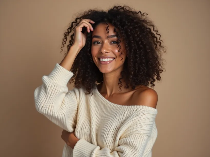 Smiling woman with her hand in her hair. Represents an influencer's confidence and message.