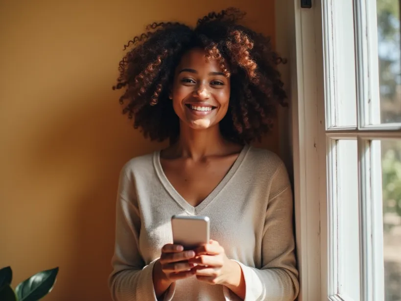 Smiling woman holding a phone. Image represents the modern lifestyle and connection of affiliate marketing helping build an influence.