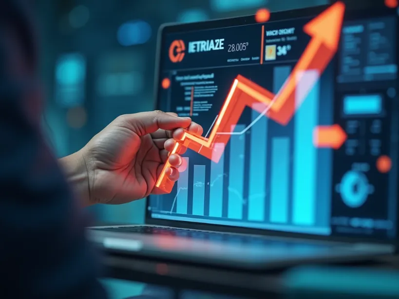 Person analyzing SEO data with a laptop. The laptop displays a graph illustrating SEO growth, with a hand pointing upwards. Shows a rising graph and marketing dashboard reflecting SEO strategy benefits.