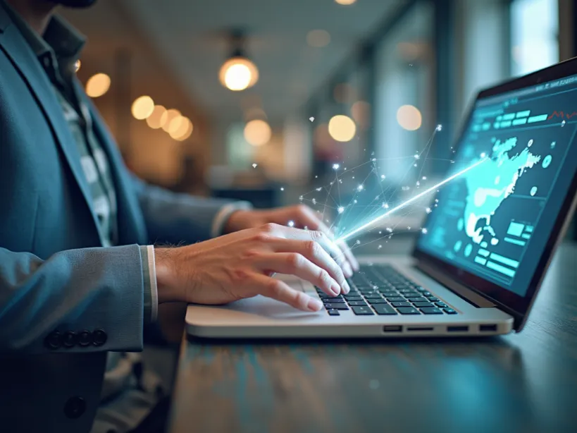 Man working on a laptop, showing a world map with glowing connections. It suggests the challenge of affiliate marketing's broad reach and potential for intense global competition, along with the data analytics.