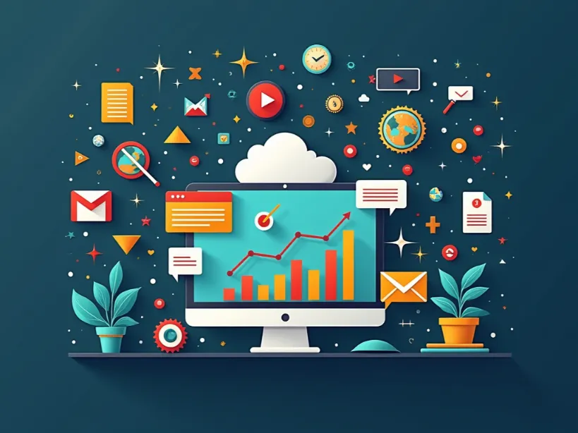 Stylized computer desktop displaying marketing data and icons. Visual representation of complexity faced by affiliate marketers, including data analysis, competition, and tracking performance.