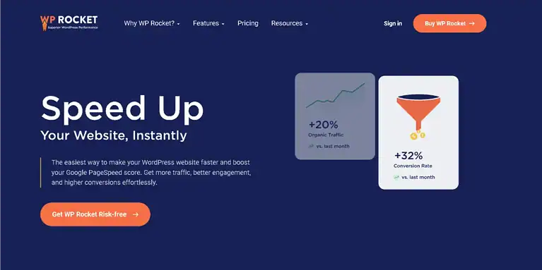 WP Rocket performance optimization visual for faster WordPress pages Core Web Vitals and site speed