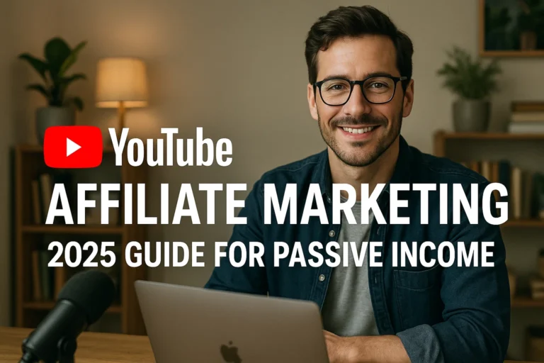 YouTube Affiliate Marketing 2025 Guide for Passive Income, smiling man with laptop.