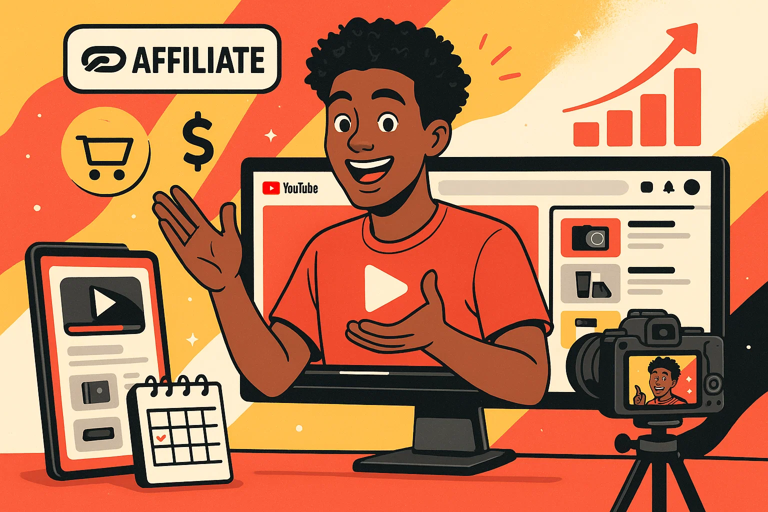 YouTube affiliate marketing guide image showing growth, sales, and video production.