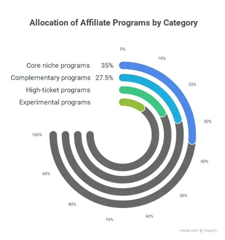 Affiliate program allocation by category chart: core niche, complementary, high-ticket, experimental programs.