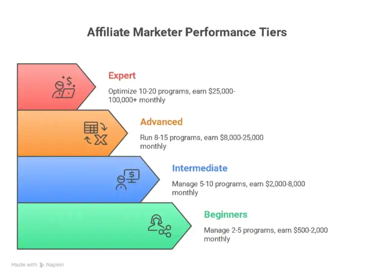 Affiliate marketing performance tiers: Expert, Advanced, Intermediate, Beginners. Earning potential vs. program count.