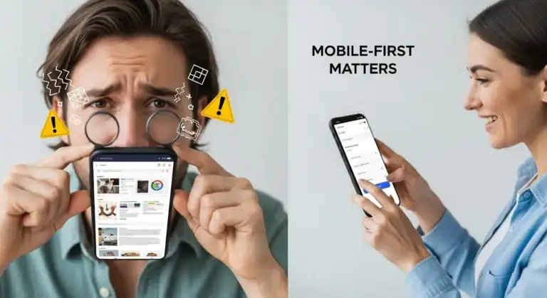 Mobile-first design: Frustrated user with magnifying glass vs. happy user on responsive site.