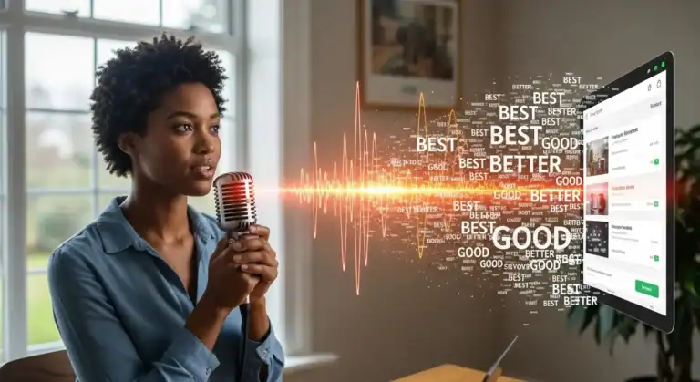 Woman singing into vintage microphone for podcast. Best podcast website concept.