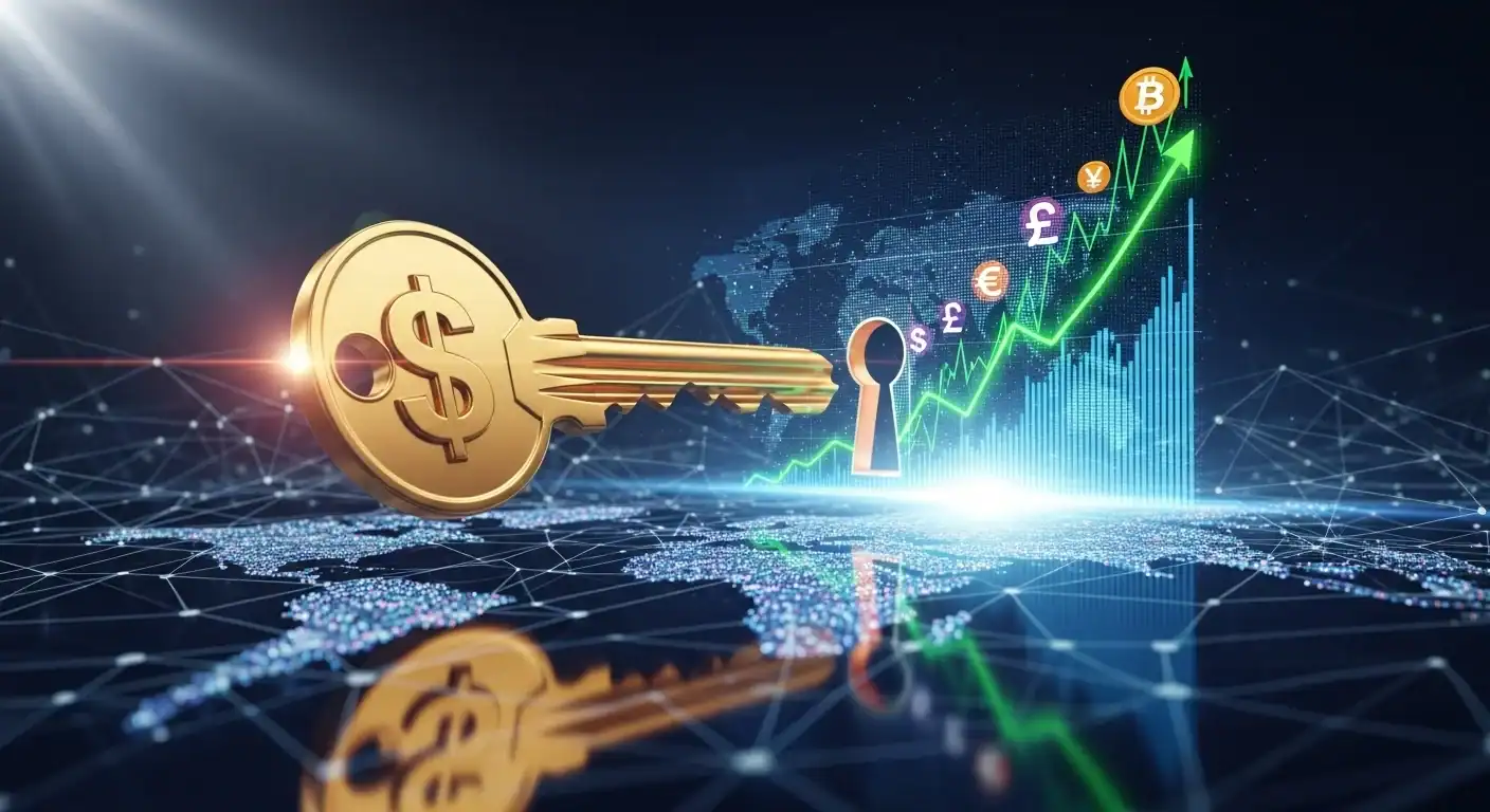 A golden key, symbolizing success, unlocking a digital tablet screen that displays upward-trending financial graphs and currency icons, illustrating effective affiliate marketing strategies and increased online earnings.