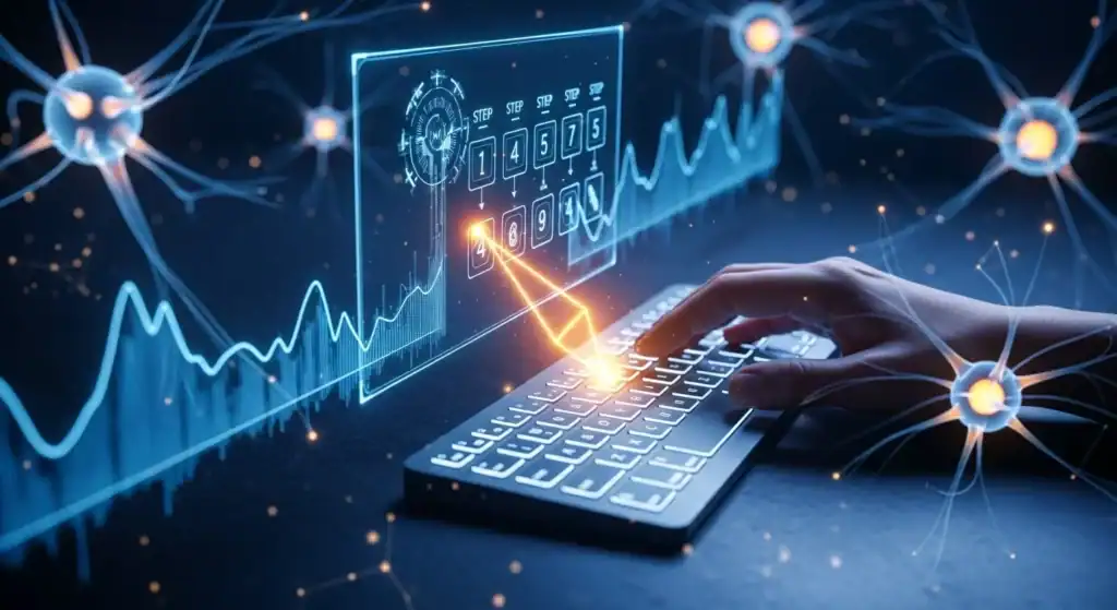 Futuristic digital interface illustrating AI prompt engineering. A glowing seven-step blueprint guides a human hand interacting with a holographic display, symbolizing the creation of ultimate AI prompts and advanced technology.