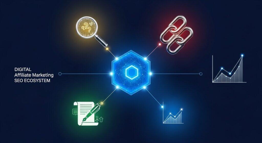 Infographic depicting an affiliate marketing website surrounded by SEO optimization elements like keyword research, backlinks, content, and analytics, symbolizing improved performance.