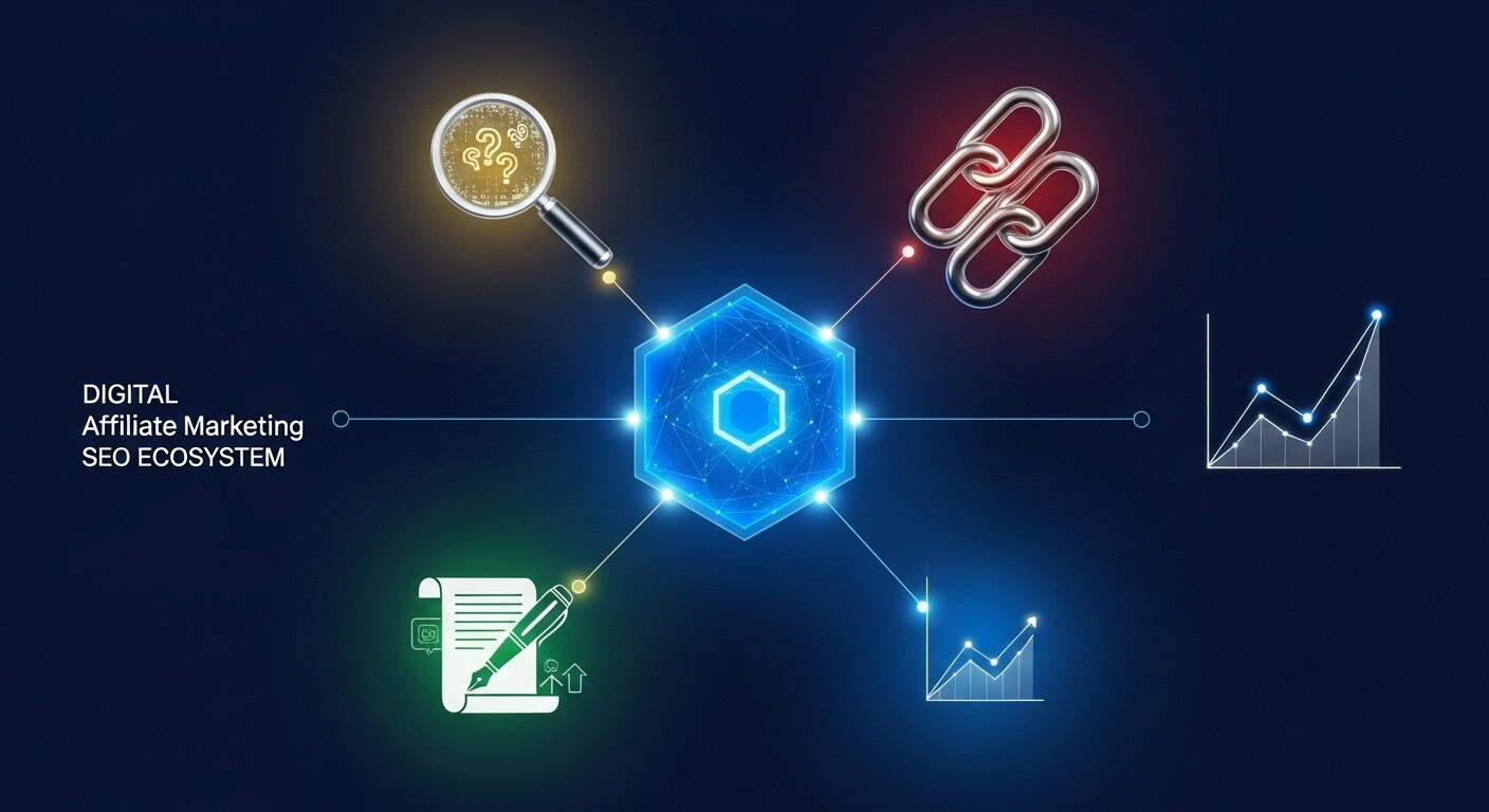 Infographic depicting an affiliate marketing website surrounded by SEO optimization elements like keyword research, backlinks, content, and analytics, symbolizing improved performance.