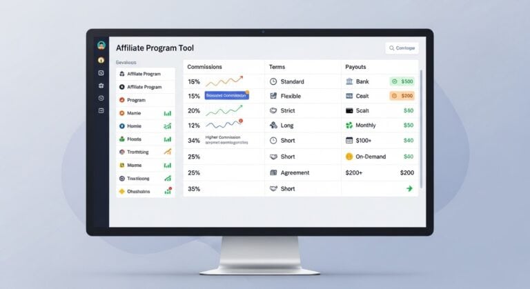 A digital tool interface showing a comparison table of various affiliate programs, highlighting commissions and terms for maximizing earnings.