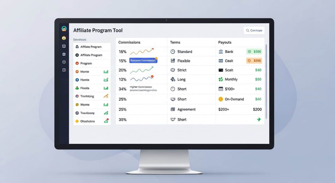 A digital tool interface showing a comparison table of various affiliate programs, highlighting commissions and terms for maximizing earnings.