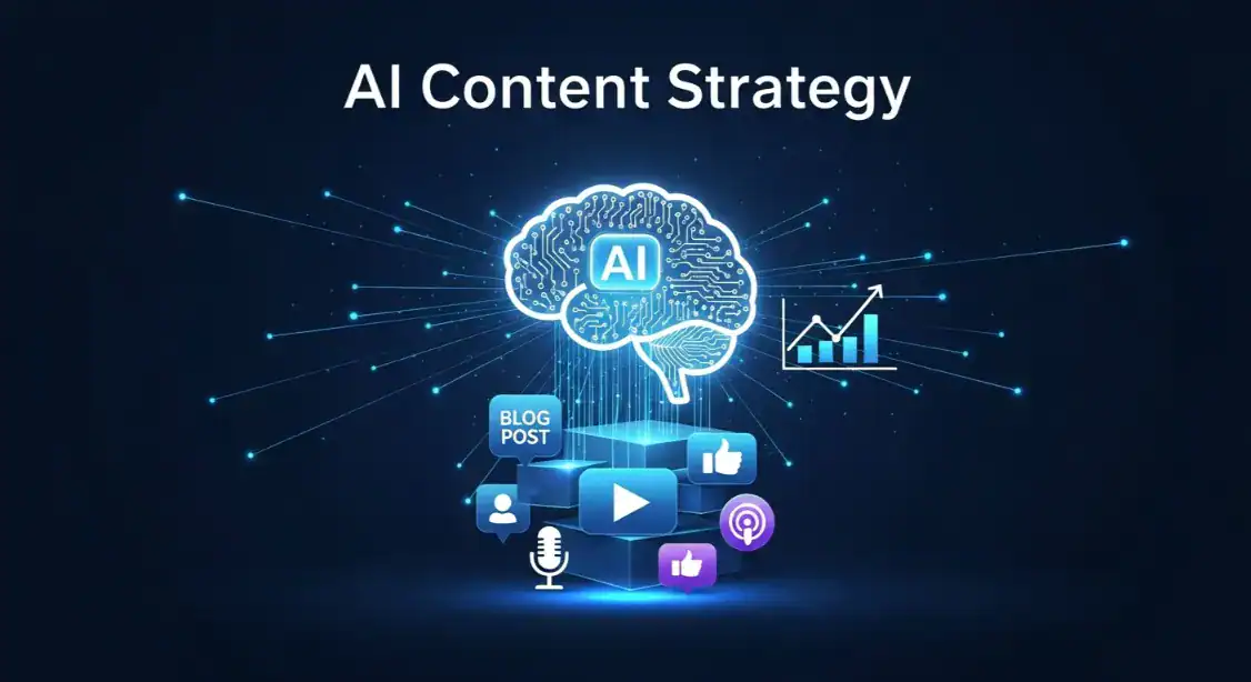 AI Content Strategy: Brain icon with blog, video, podcast, & social media icons.
