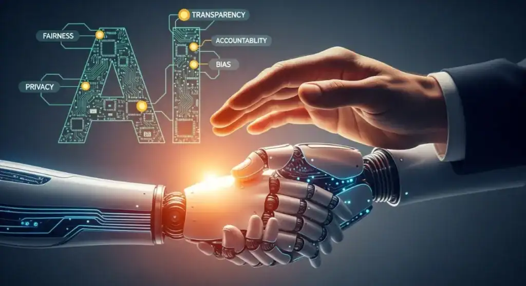 AI ethics illustration: Human and robot hands shaking with keywords fairness, privacy, transparency.