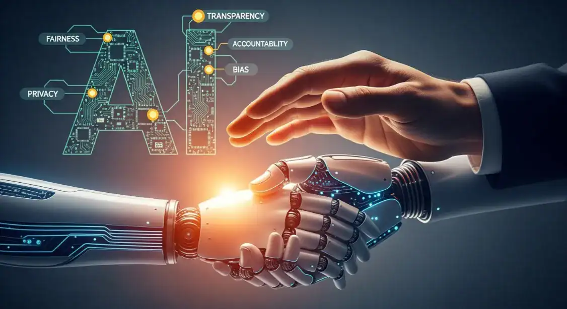 AI ethics illustration: Human and robot hands shaking with keywords fairness, privacy, transparency.