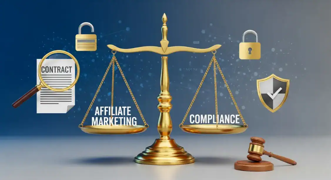 Affiliate marketing compliance on balance scale. Contract, security, and legal concept.