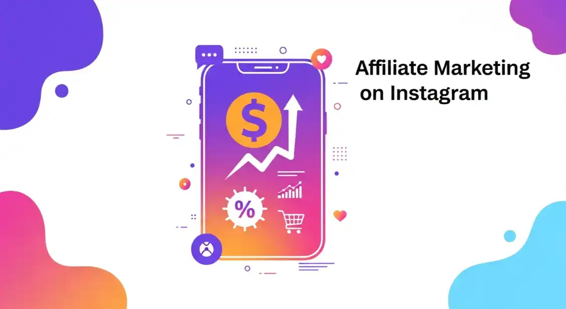 Affiliate marketing on Instagram: phone showing sales growth and a dollar sign.
