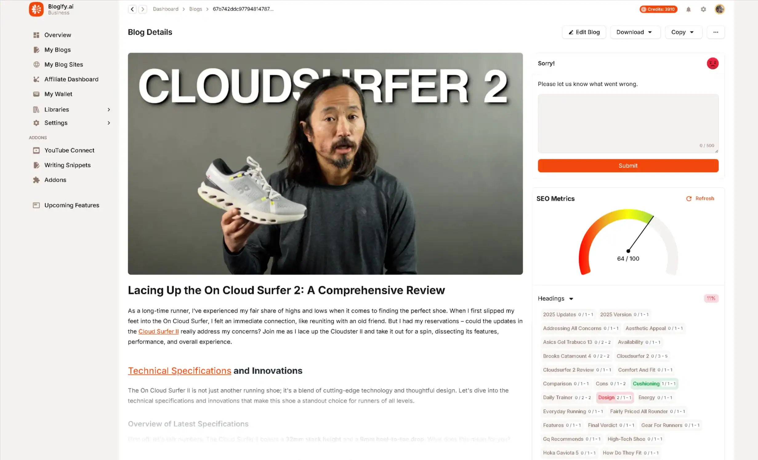 Blog post about On Cloudsurfer 2 running shoes, with image of the shoe.