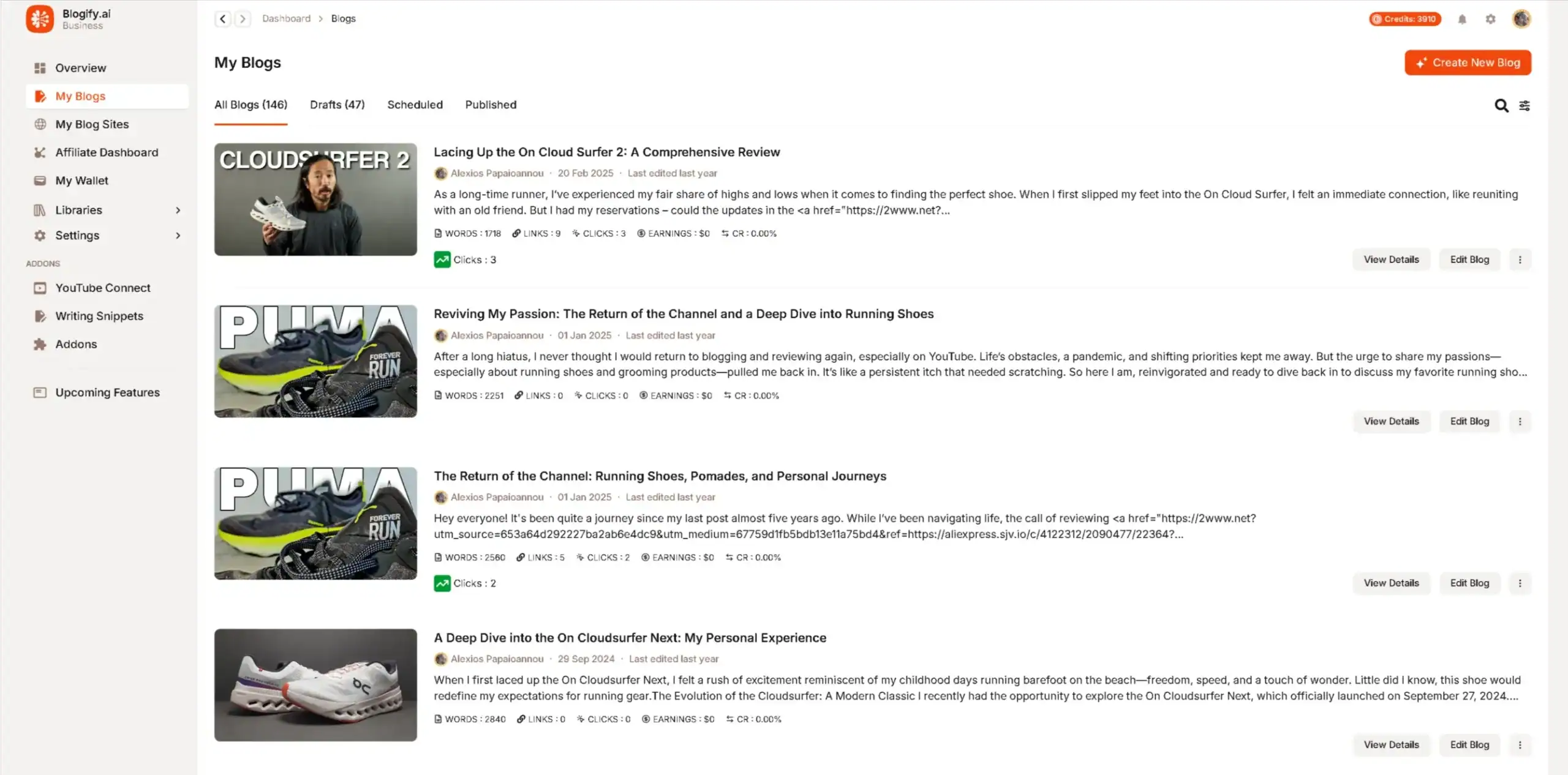 Blogify.ai blog dashboard showing blog posts about running shoes.