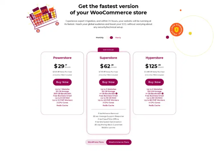 WooCommerce hosting plans comparison with Powerstore, Superstore, Hyperstore options.