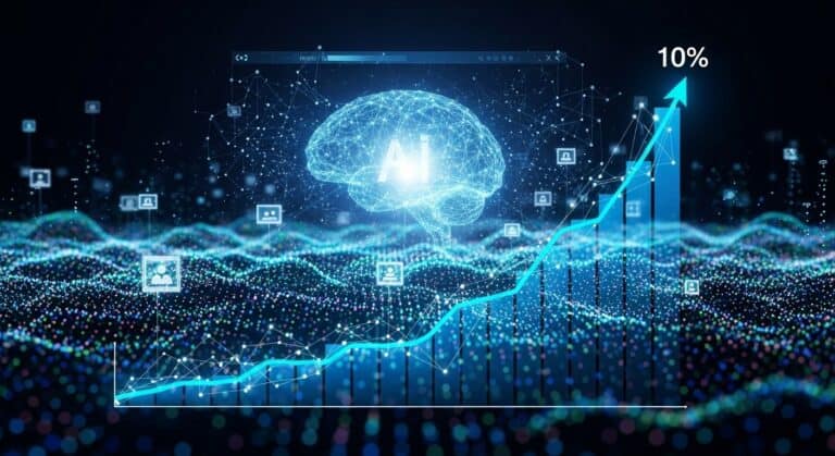 A digital illustration showcasing a glowing abstract AI brain or interface hovering above a stylized wave of data, with a significant upward-trending graph indicating exponential growth. The image symbolizes Surfer AI&#039;s power in dramatically increasing website traffic and SEO performance, as discussed in a 2024 review.