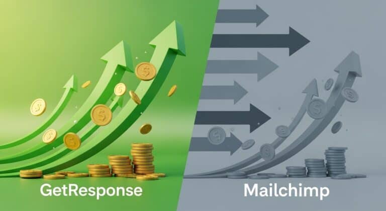 A comparison graphic showing GetResponse and Mailchimp logos, with GetResponse side depicting significant growth and monetary success, highlighting its superior performance for affiliate revenue in email marketing.