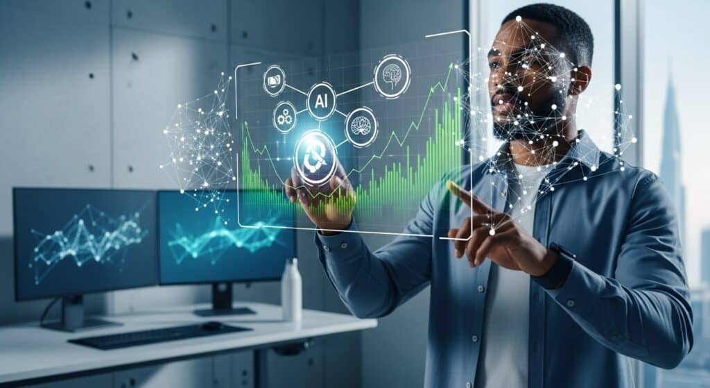 An entrepreneur leveraging AI tools on a holographic interface for launching a successful affiliate business and generating passive income, symbolizing digital innovation and financial growth in 2025.