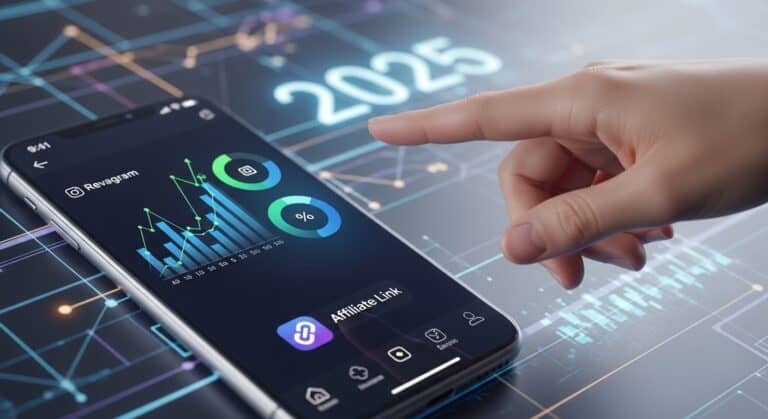 A smartphone showing the Instagram app with overlaid financial growth charts, follower count, and an affiliate link, depicting successful affiliate marketing strategies.