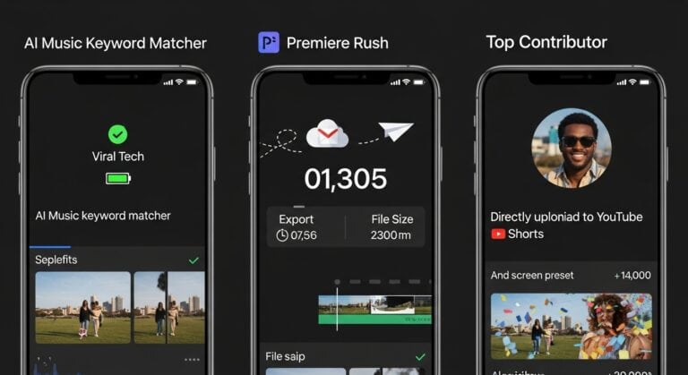 Short form video editing apps: AI music matcher, Premiere Rush, and YouTube Shorts editor.