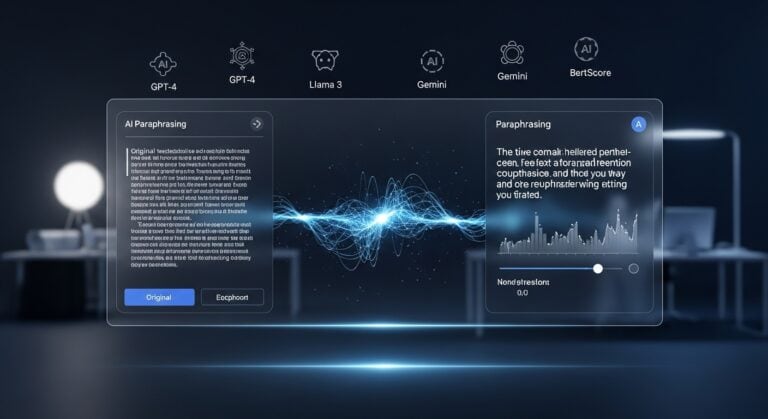 AI paraphrasing tool interface with models: GPT-4, Llama 3, Gemini, BertScore.
