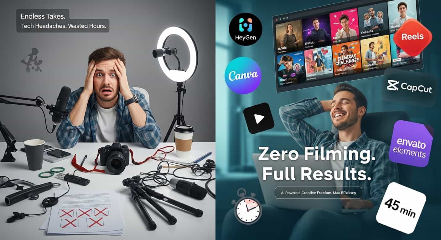 how-to-create-short-form-video-content-with-no-filming-image-1 Solo entrepreneur using laptop with AI and stock tools to create professional short-form videos without needing camera equipment, illustrating the zero-filming system.