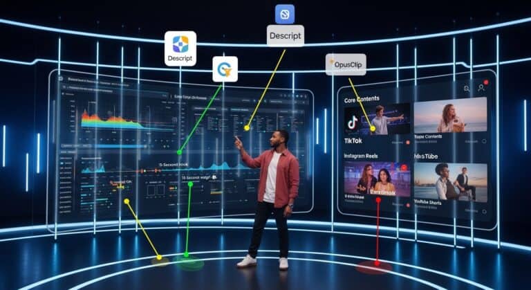 Repurposing long-form content: Descript, OpusClip for TikTok, Reels, Shorts video creation. Content marketing diagram.