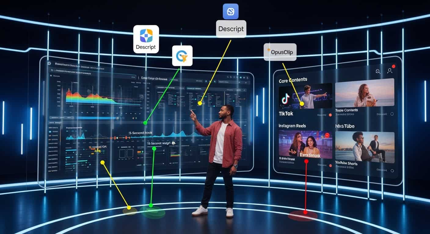 Repurposing long-form content: Descript, OpusClip for TikTok, Reels, Shorts video creation. Content marketing diagram.