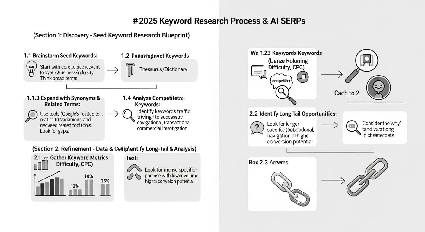 Infographic showing the 2025 keyword research process and Google SERP with AI Overviews, featured snippets, and intent-based results for high-value keyword targeting.
