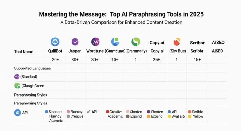 AI paraphrasing tool comparison chart for 2025. QuillBot, Jasper, Wordtune, Copy.ai, Scribbr, AISEO.