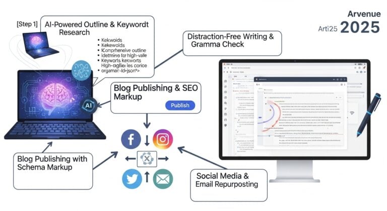 Arvenue AI for blog publishing: outline, keywords, SEO markup, distraction-free writing, and social media repurposing.