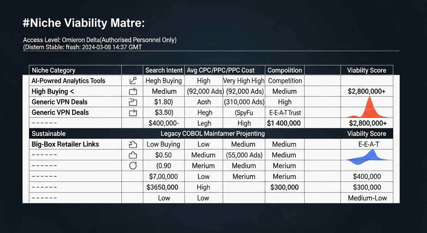 Niche viability matrix showing search intent, CPC/PPC cost, competition, and viability scores for various categories.