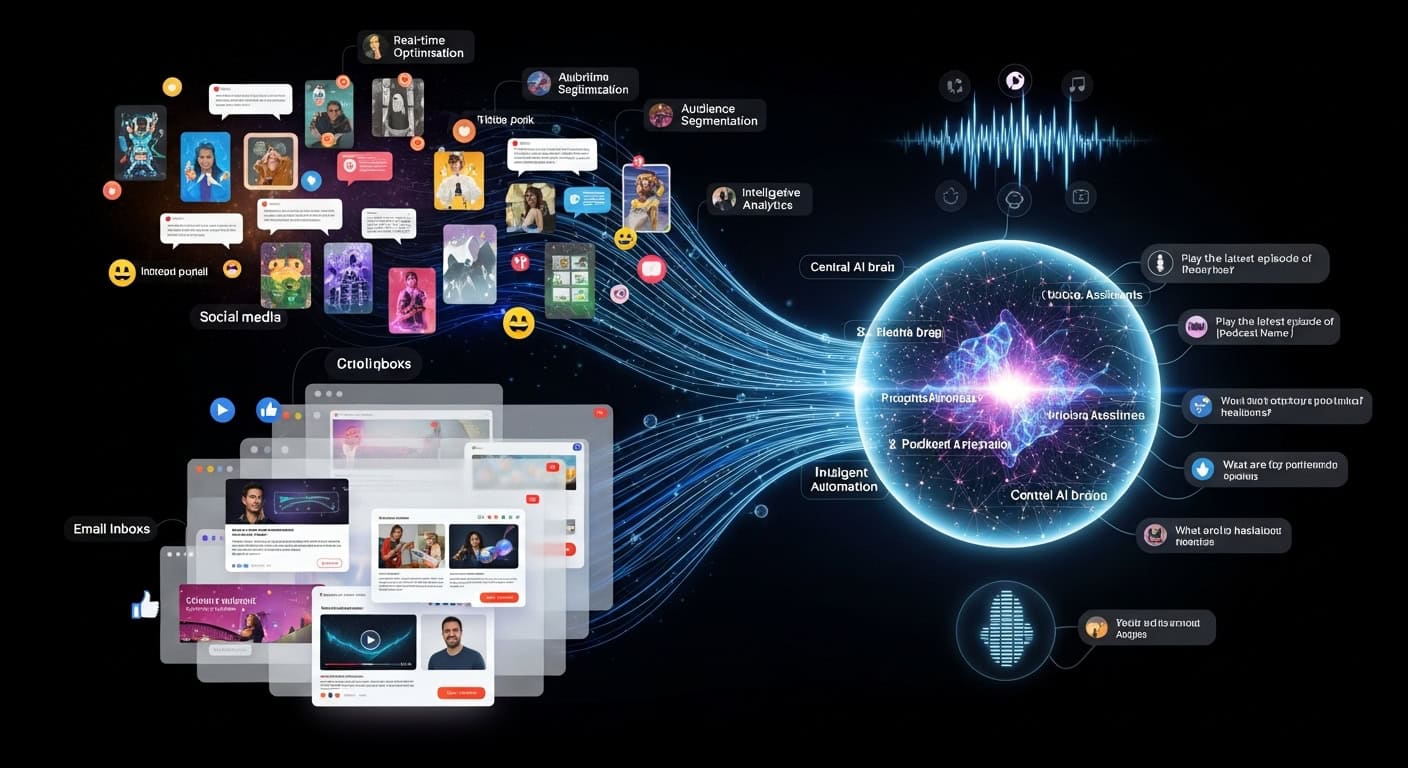 AI marketing automation: Showing central AI brain connecting social media, email, and other marketing functions.