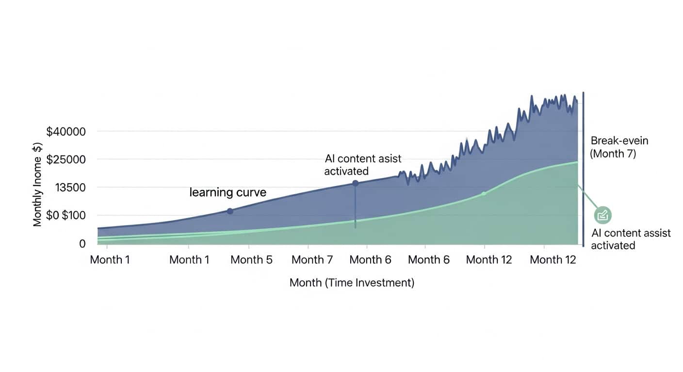 Monthly income vs. time investment chart with AI content assist impact.