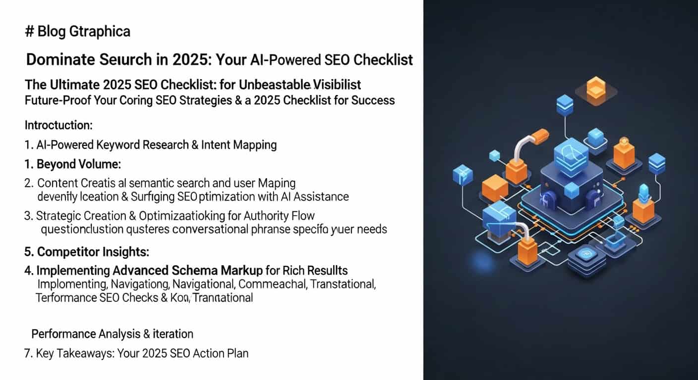 AI-powered SEO checklist for 2025. Abstract graphic showing interconnected SEO elements.