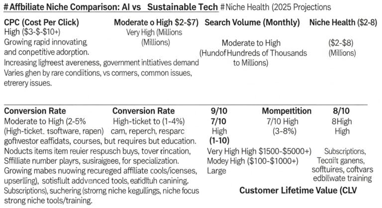 AI vs Sustainable Tech vs Niche Health affiliate niche comparison chart.