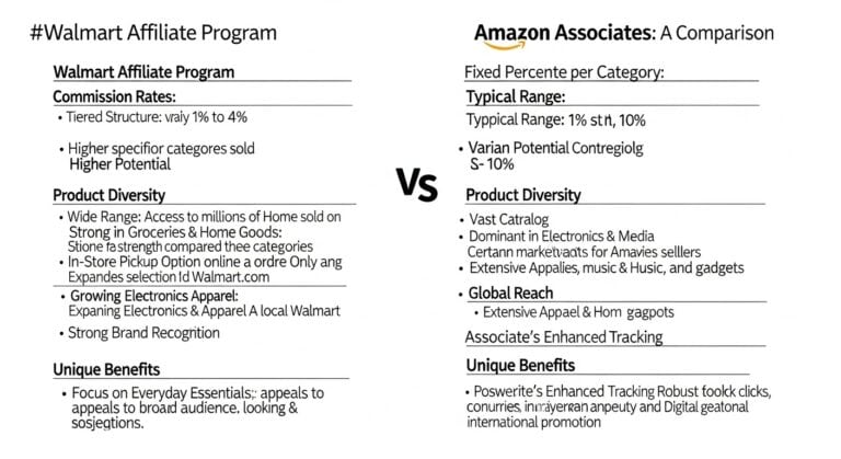Walmart vs. Amazon affiliate programs comparison chart.