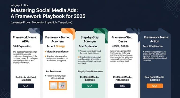 Infographic: Mastering Social Media Ads, a framework playbook for 2025. Includes AIDA, and other models.
