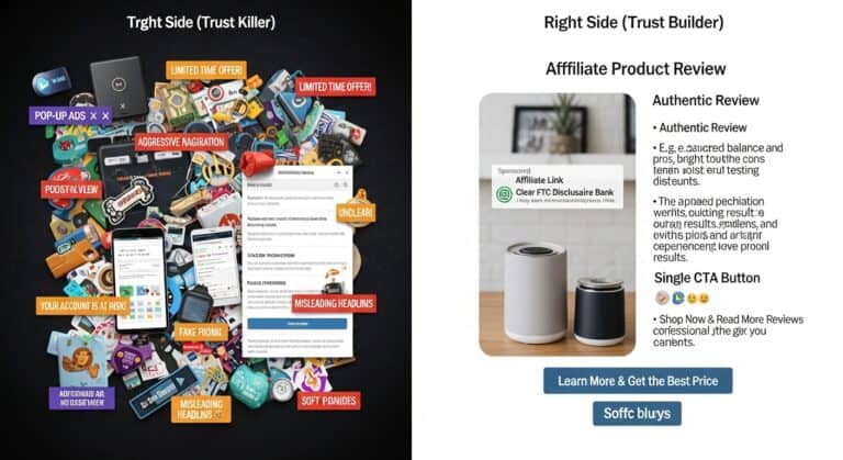 Trust factors: Image comparing deceptive online tactics with authentic affiliate marketing.