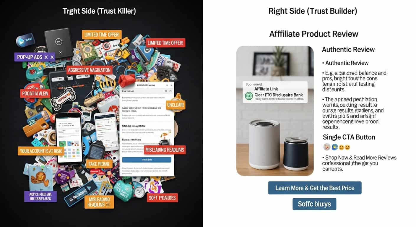 Trust factors: Image comparing deceptive online tactics with authentic affiliate marketing.