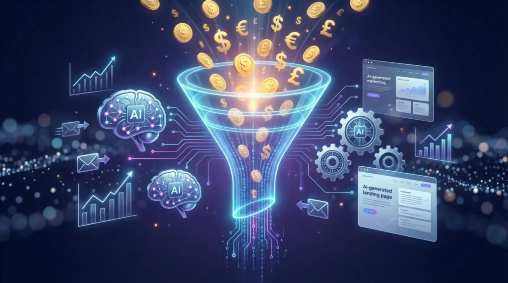 AI affiliate funnel graphic with coins flowing through a digital marketing funnel