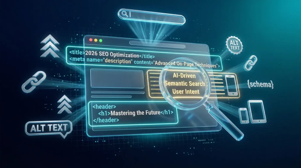 On-page SEO techniques visual showing title tags, meta descriptions, semantic search, schema, and alt text