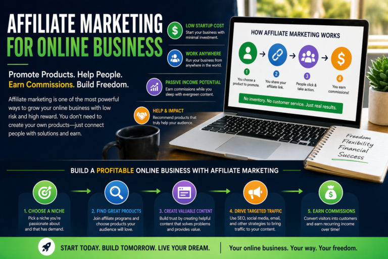Online business growth illustration with affiliate website on a laptop, traffic and revenue charts, email capture, and monetization icons